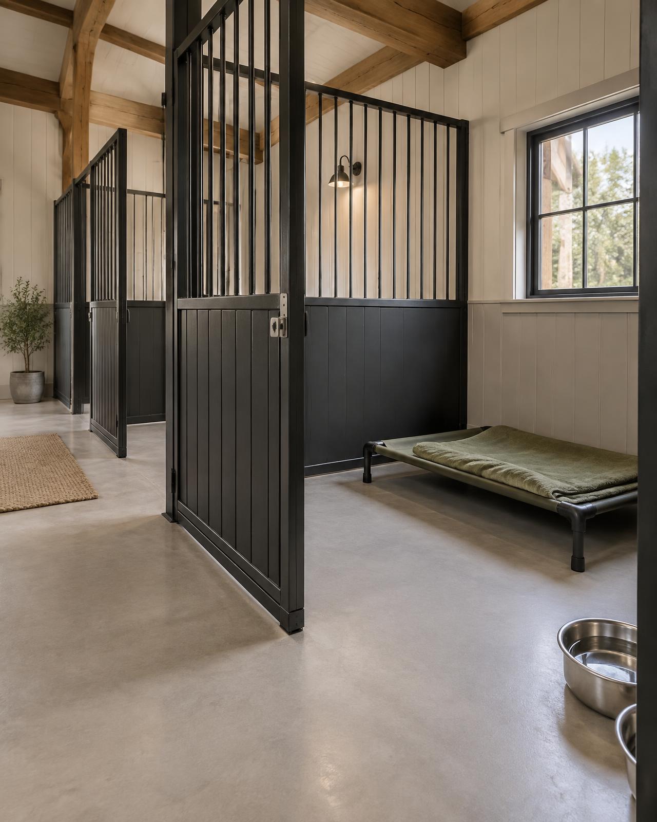 Clean private boarding suite with black steel partitions, timber beams and a raised cot bed