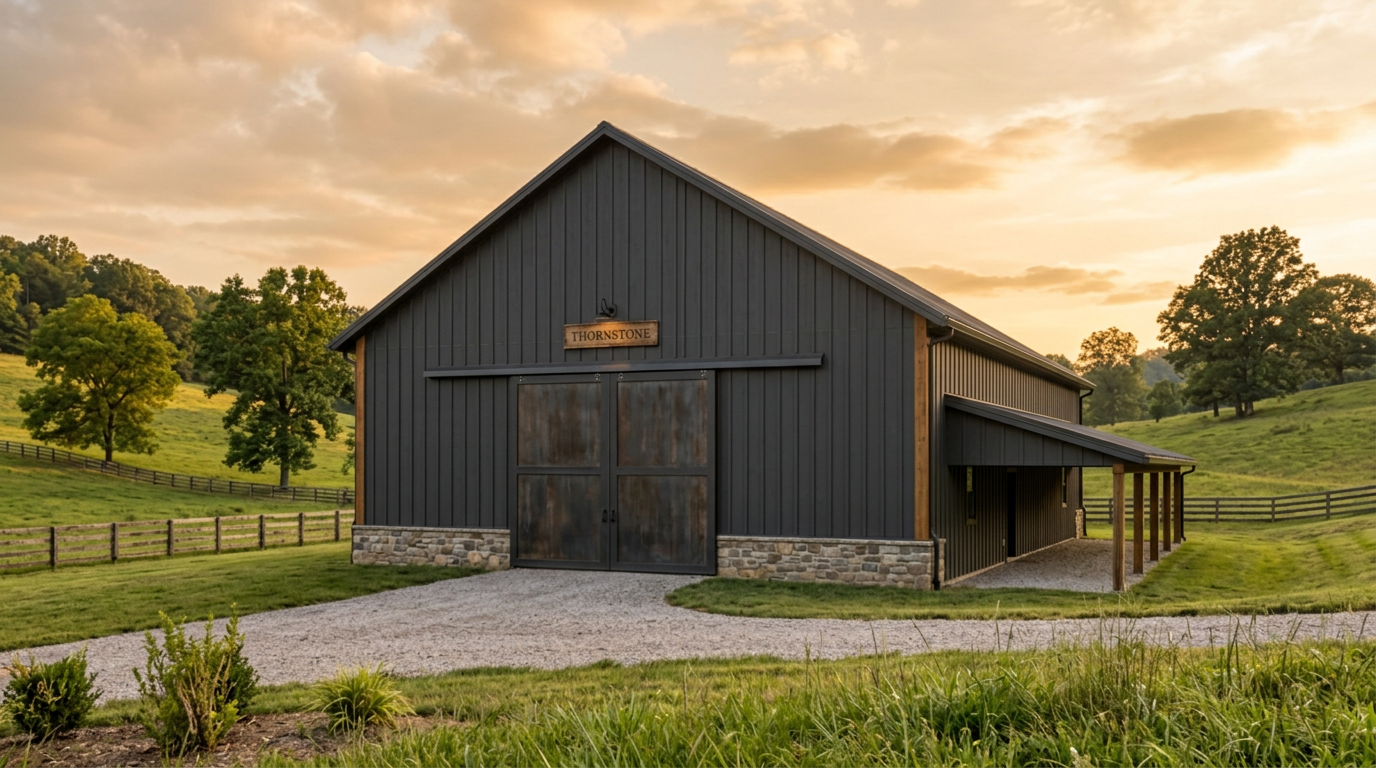 The Thornstone Kennel & Boarding building with dark board-and-batten siding, timber entry and stone walls, Beaumont, Kentucky